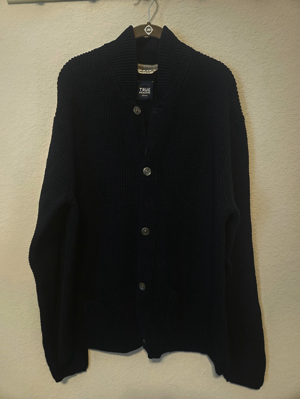 True Measure Men’s Navy Cotton Knit Button Front Collared Cardigan Sweater XL